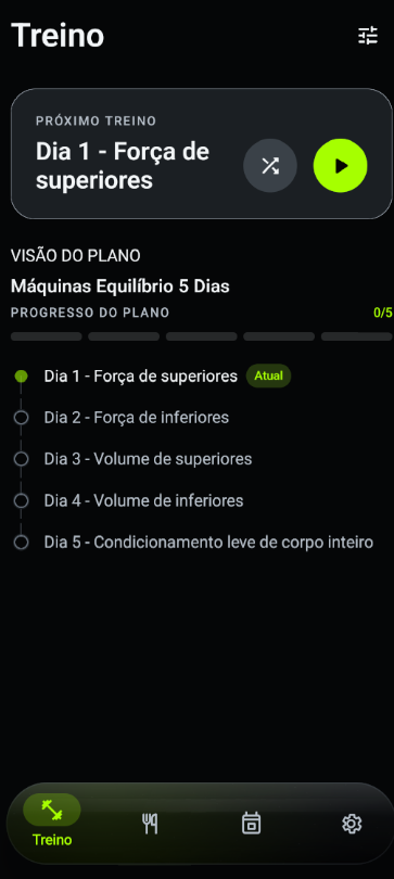 Tela de treino do Severo mostrando o próximo treino e o progresso da rotina.
