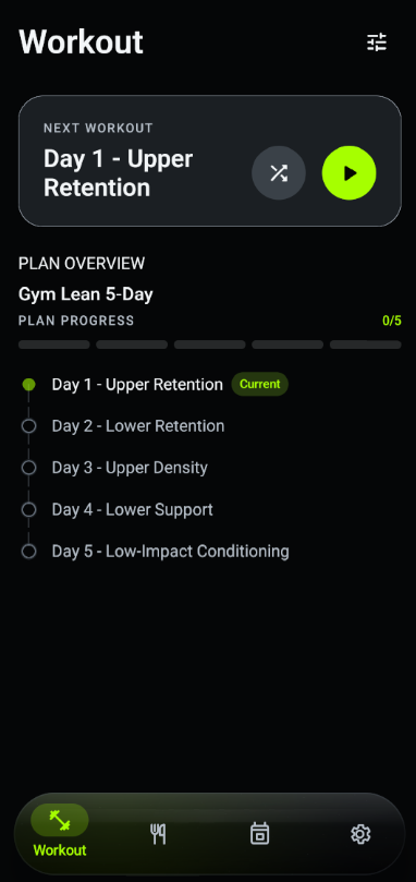 Severo workout screen showing the next workout and routine progress.